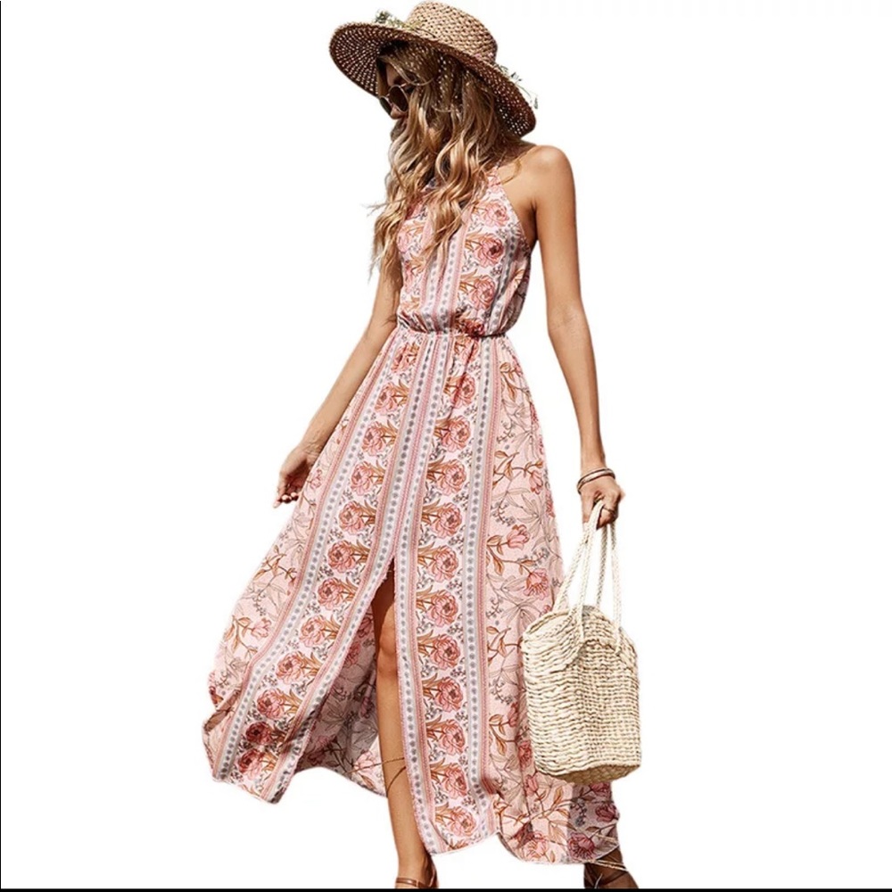 (Last 2) Pink boho floral print maxi halter backless summer dress - Picture 8 of 8